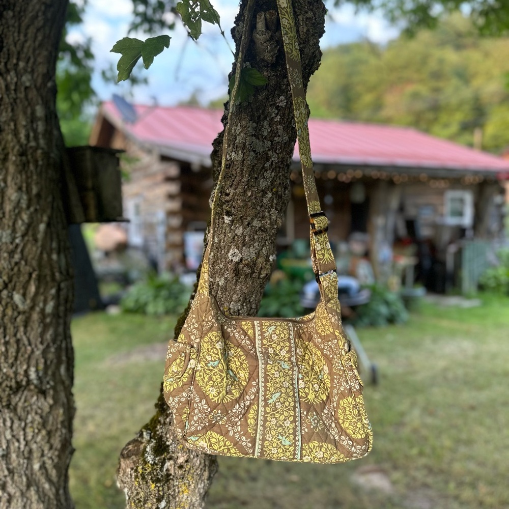 Vera Bradley On The Go Crossbody in Magpies in Trees, tan and green